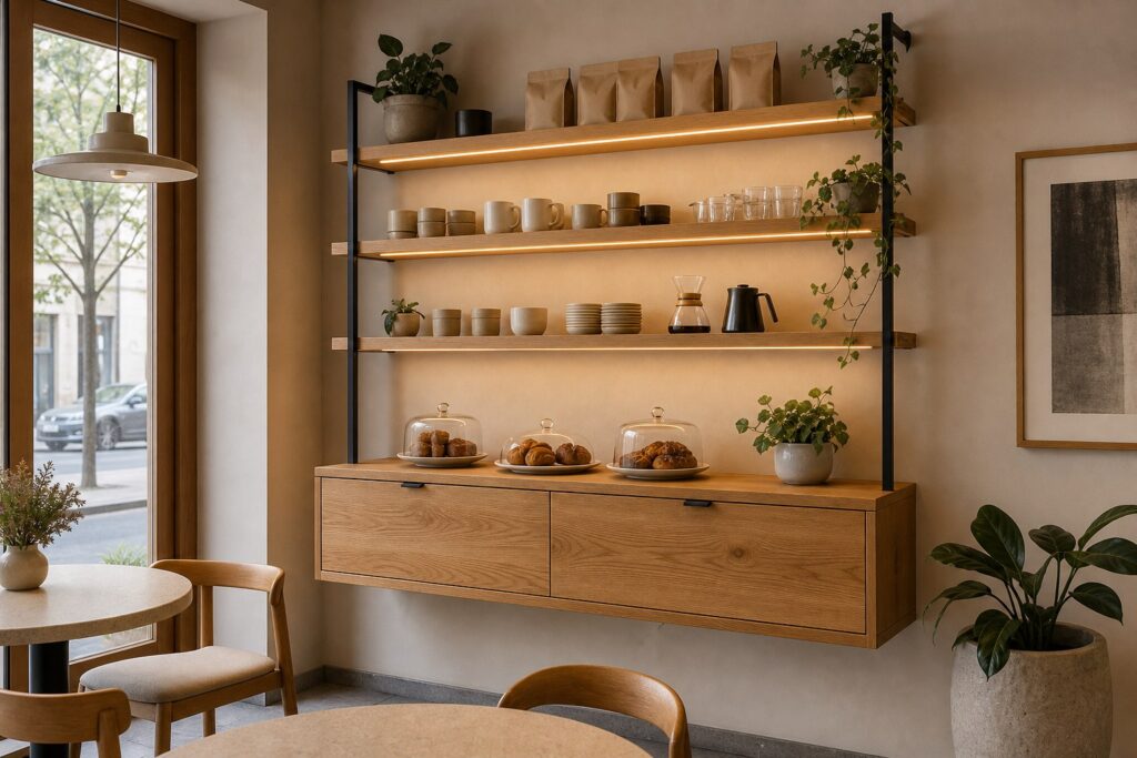 Meşe raflı kompakt kafe uygulaması